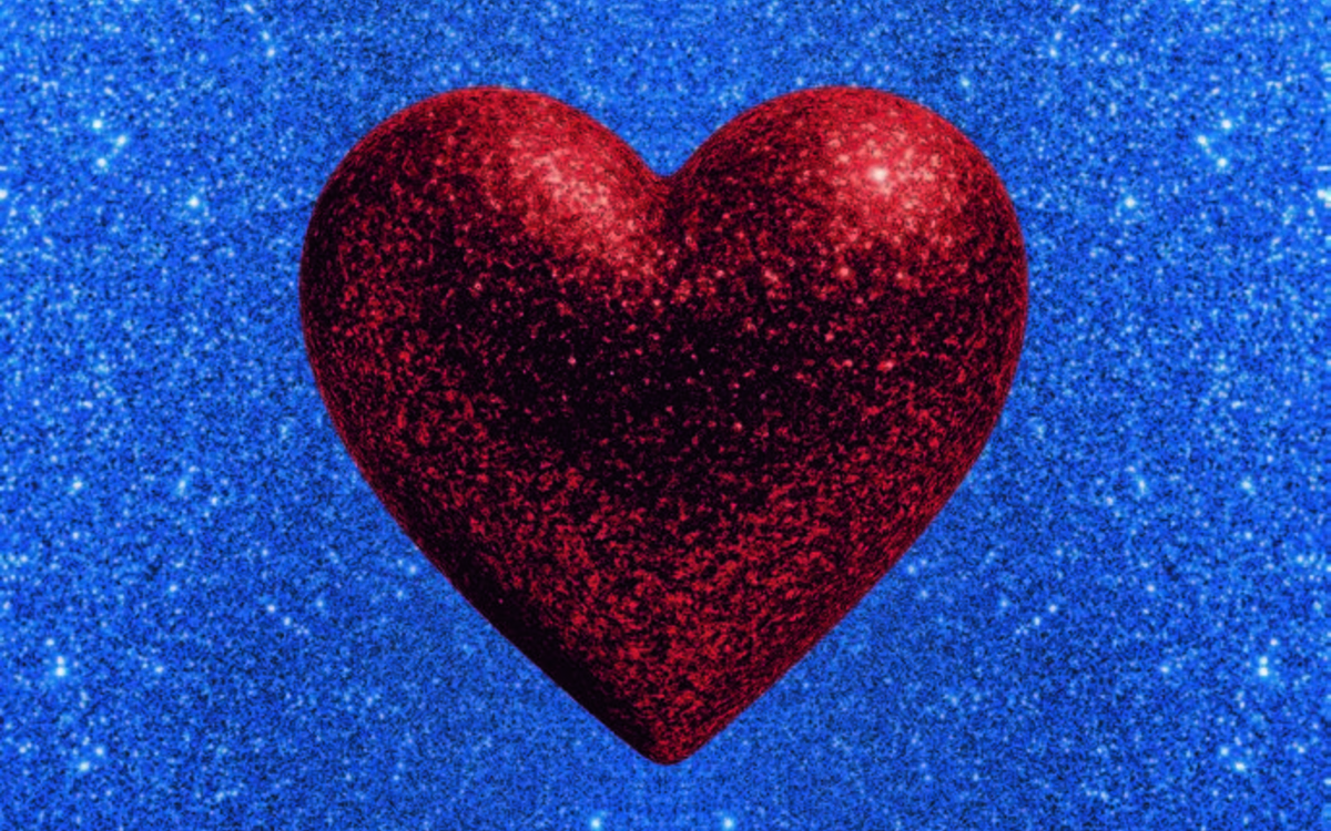 Visuel représentant un coeur rouge pailleté sur un fond bleu