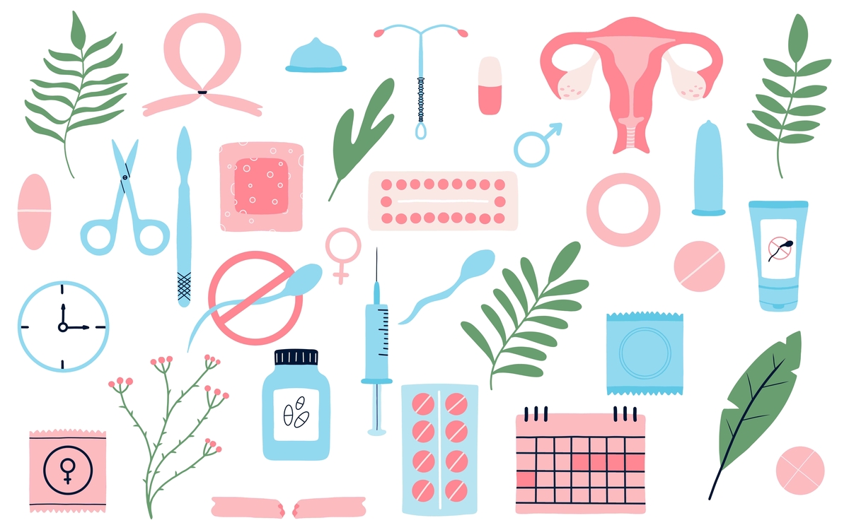 Dessins de symboles associés à la santé sexuelle (préservatif, stérilet, pilule, calendrier etc.)