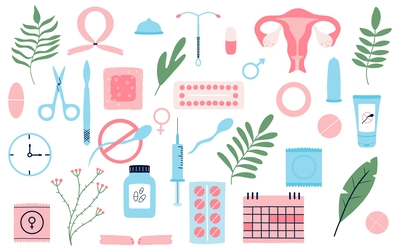 Dessins de symboles associés à la santé sexuelle (préservatif, stérilet, pilule, calendrier etc.)
