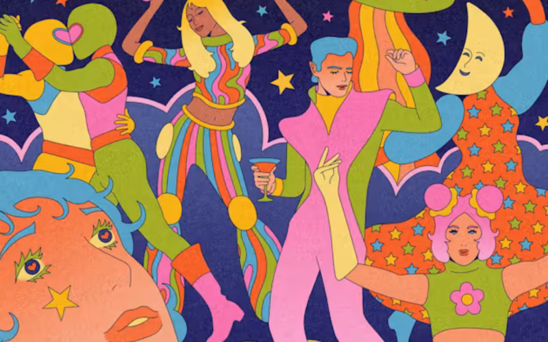 Illustration colorée représentant plusieurs personnes en train de danser 