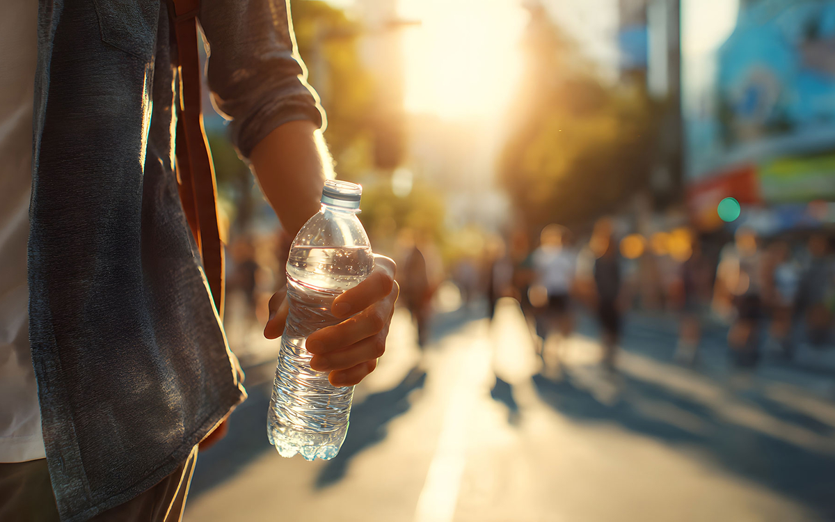 Photographie montrant un homme tenant une bouteille d'eau dans la rue en plein soleil