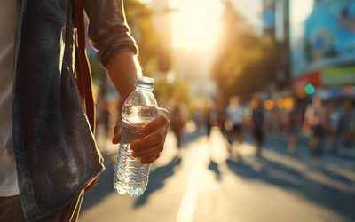 Photographie montrant un homme tenant une bouteille d'eau dans la rue en plein soleil