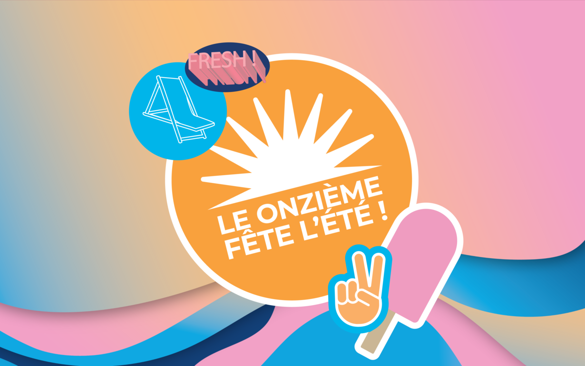 Logo de la programmation estivale du 11e : "Le Onzième fête l'été" avec un soleil dans un rond, entouré d'illustrations d'une glace et d'un transat