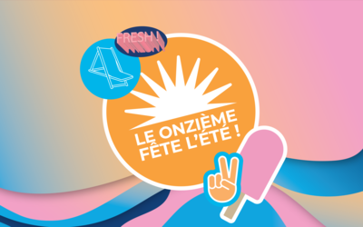 Logo de la programmation estivale du 11e : "Le Onzième fête l'été" avec un soleil dans un rond, entouré d'illustrations d'une glace et d'un transat