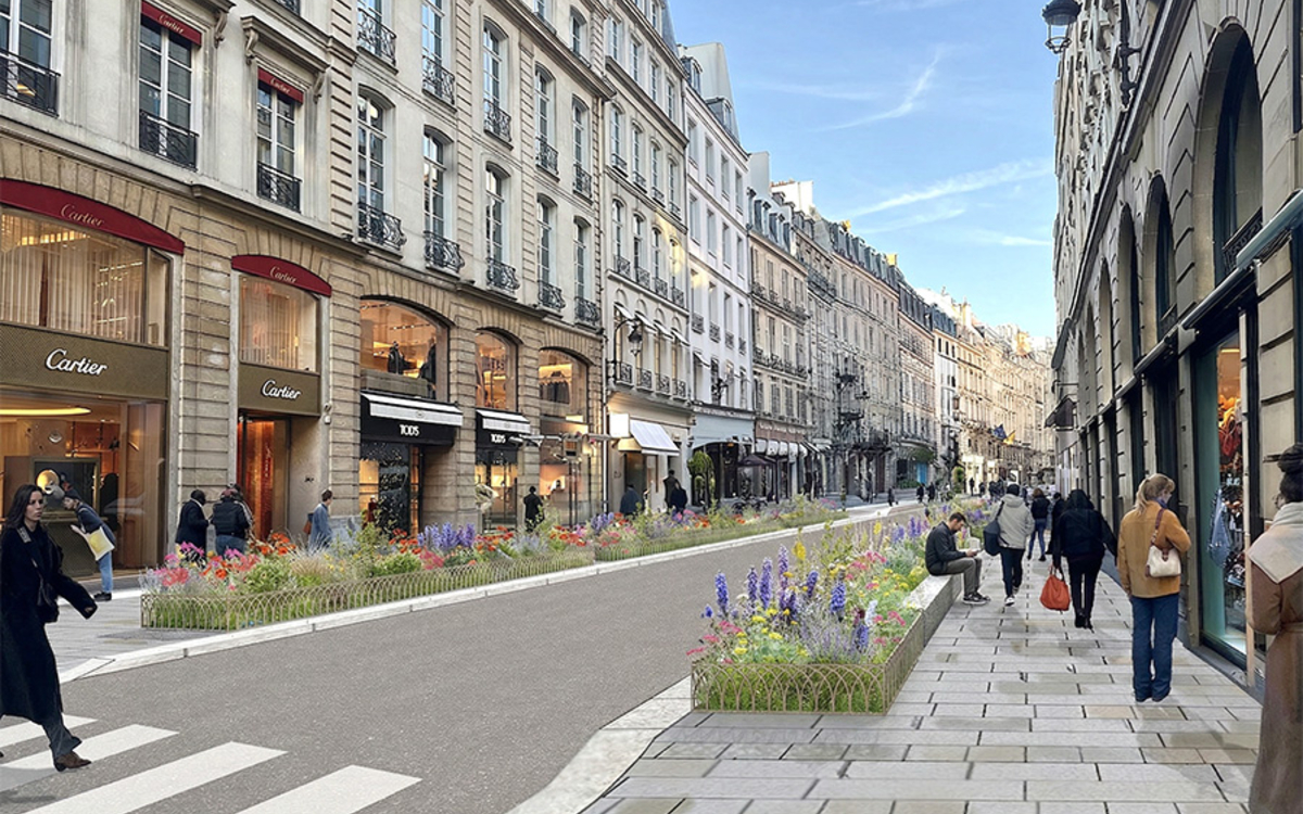 Photomontage de la rue du Faubourg Saint Honoré avec des jardinières plantées et des trottoirs élargis