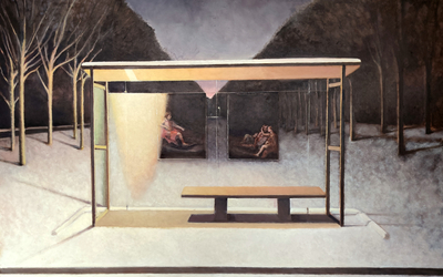 Peinture de l'artiste Bernard Bouin montrant un abri-bus en pleine nuit sur un sol enneigé entouré d'arbustes. Il est également éclairé. 