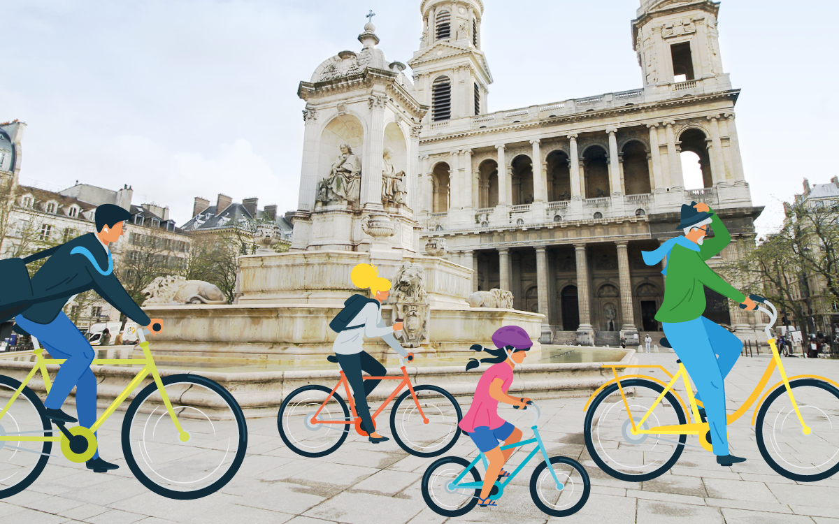 Des vélos place Saint-Sulpice pour annoncer la Bourse aux vélos. 