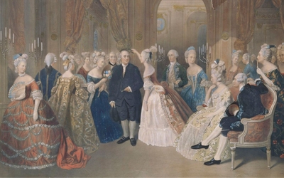 Benjamin Franklin à Paris avant la révolution française discutant dans un salon français entouré de femmes