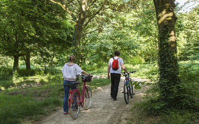 Un couple de promeneurs à vélo en forêt. 