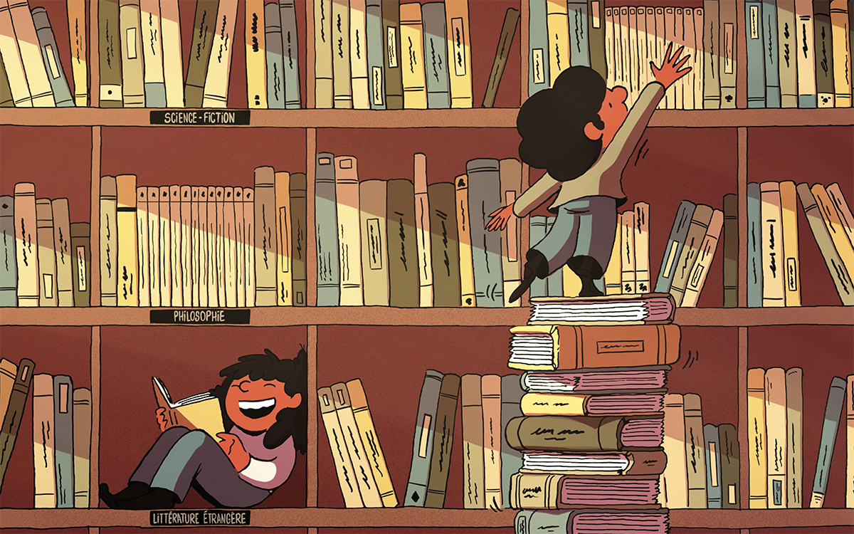 Illustration de personnages devant une grande bibliothèque avec des piles de livres