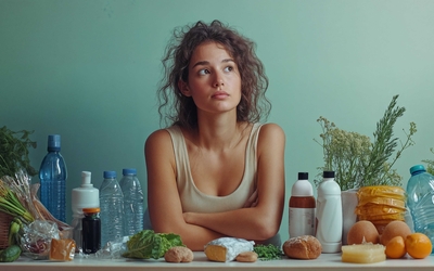 Jeune femme au milieu de produits plastiques, verre et végétaux