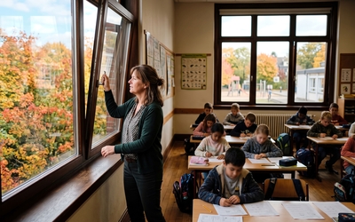 Une maitresse ouvre la fenêtre dans une salle de classe pour aérer