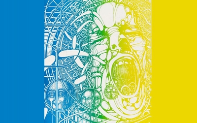 Affiche bleu, verte et jaune où on voit un visage graphique qui crie 