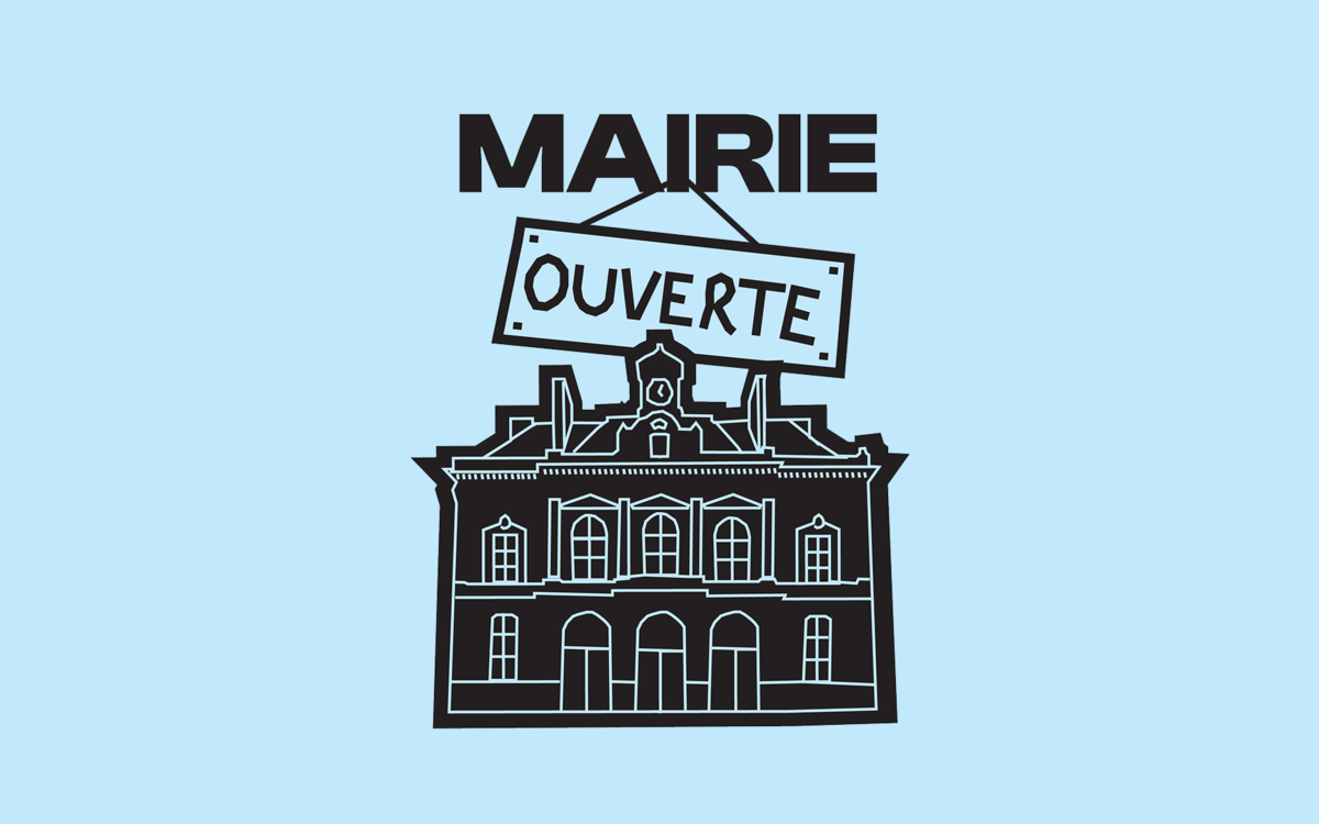 Dessin de la Mairie du 11e avec le titre "Mairie ouverte"