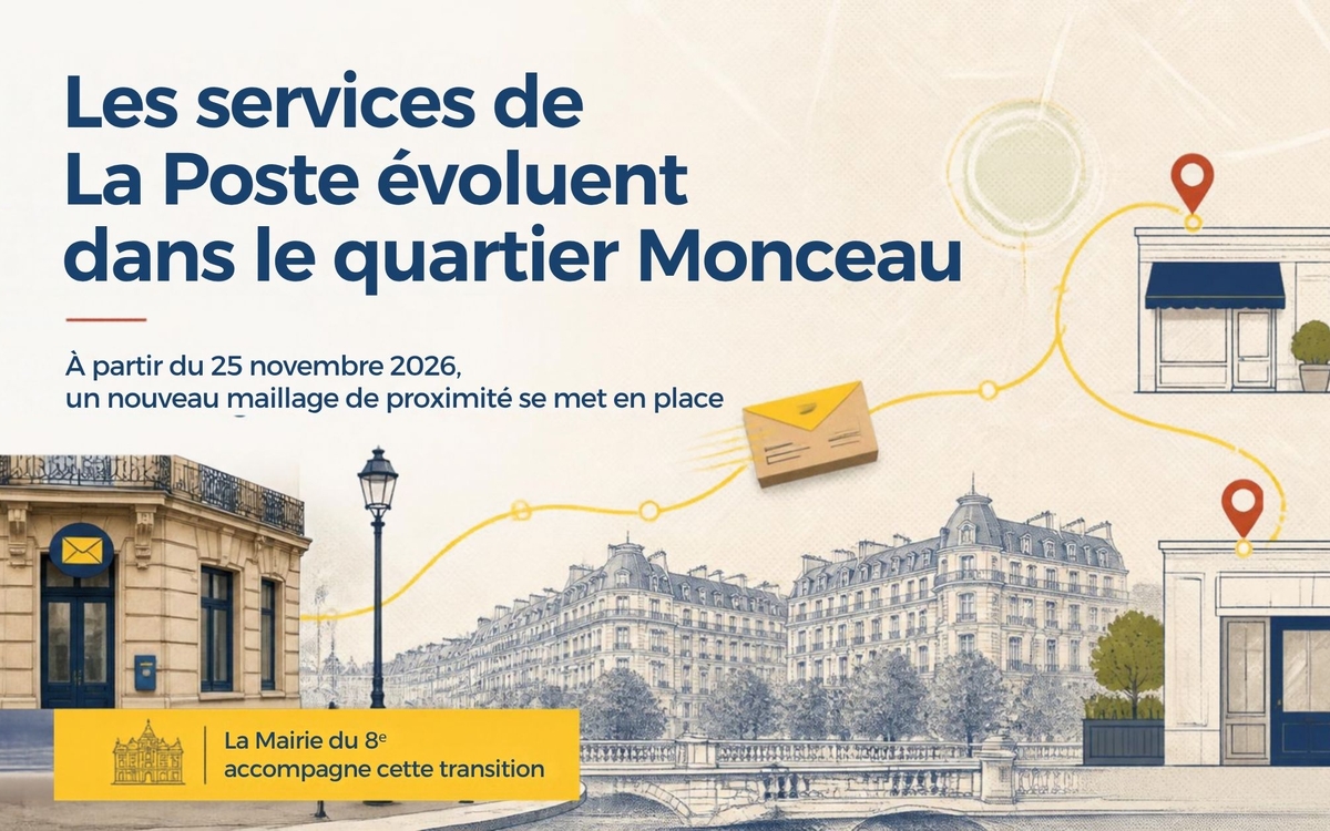 Carte illustrée du 8e arrondissement de Paris présentant la nouvelle implantation de La Poste : bureaux de poste La Boétie, Colisée, Berne, Espace Pro et relais commerçants.