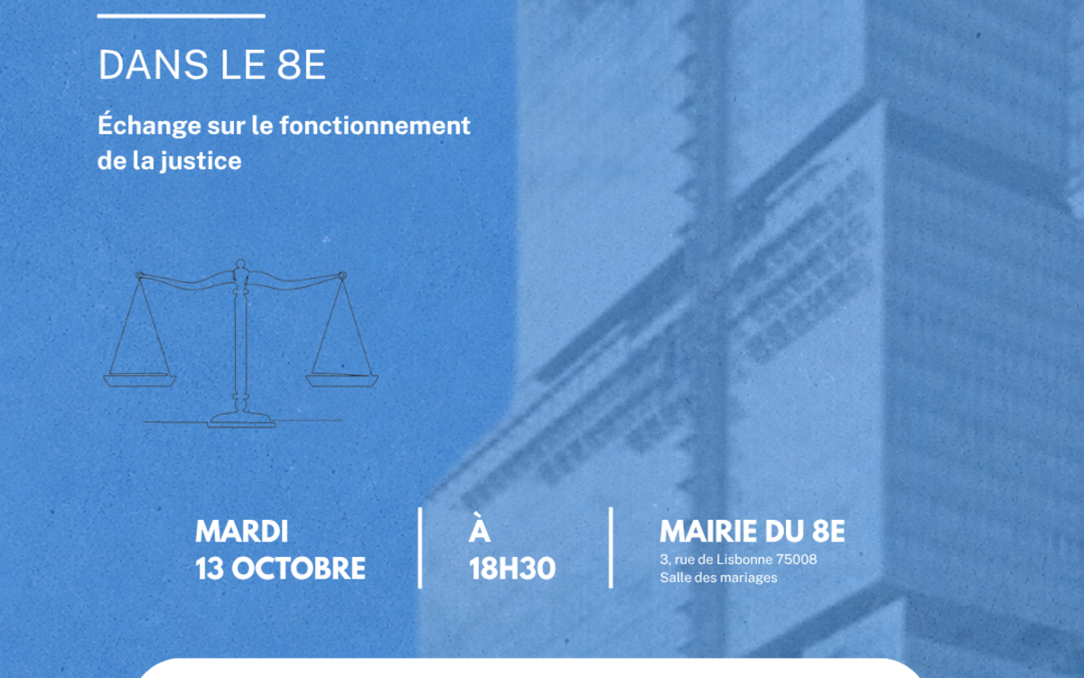 Affiche annonçant une réunion publique, avec le tribunal judiciaire de Paris en fond