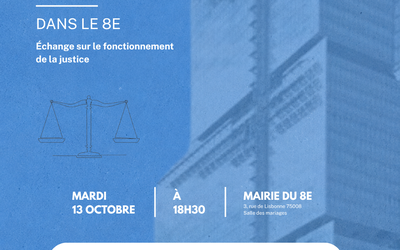 Affiche annonçant une réunion publique, avec le tribunal judiciaire de Paris en fond