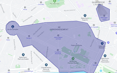 Carte du 8e arrondissement avec des zones en bleu