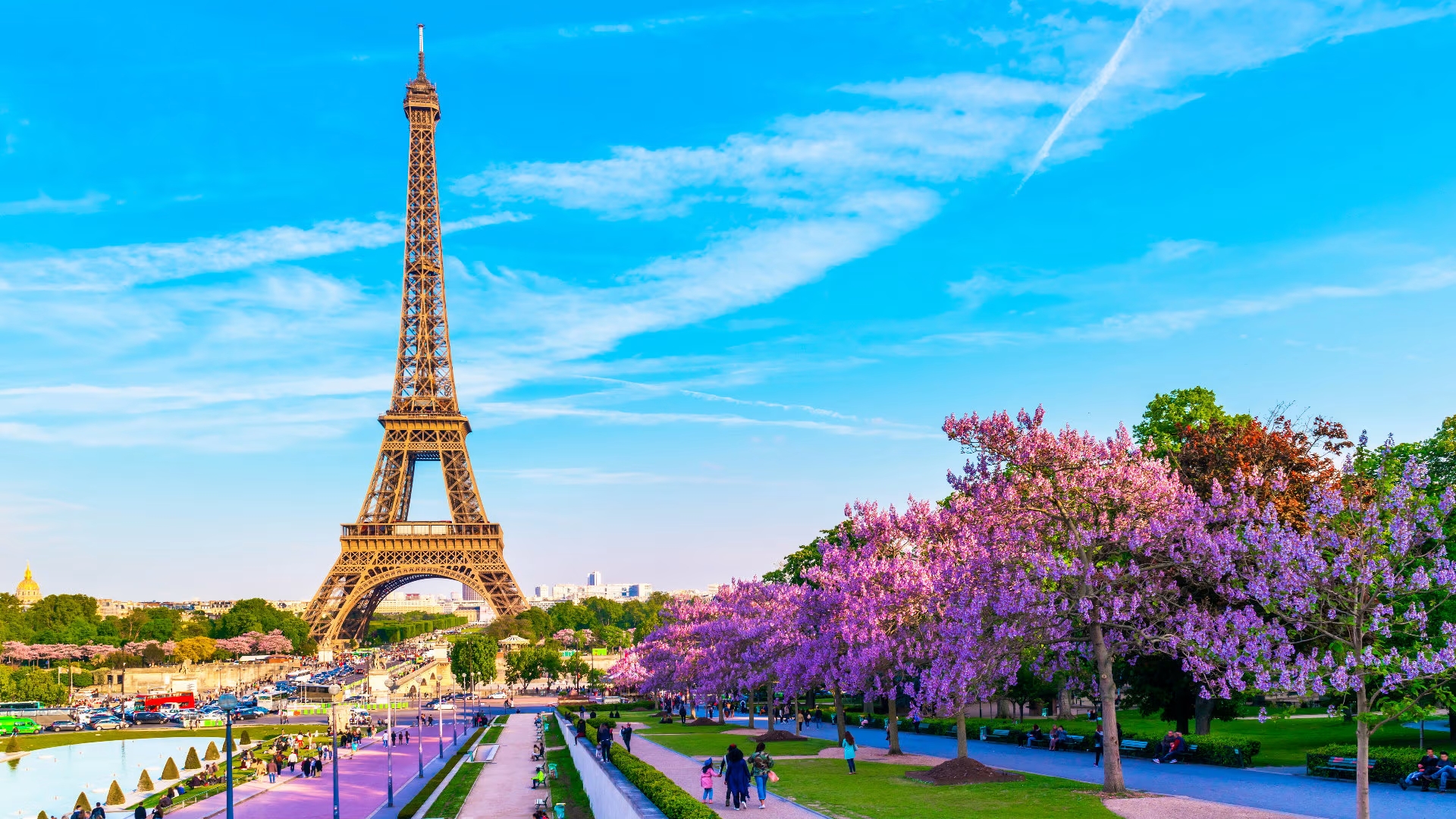 la tour eiffel de paris avec des fleurs sur les arbres