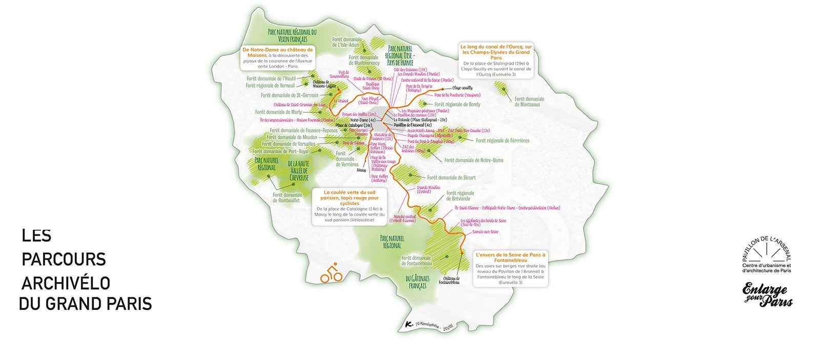 Les parcours archi-vélo du grand Paris (©DR/Pavillon de l'Arsenal/Enlarge your Paris) Les parcours archi-vélo du grand Paris