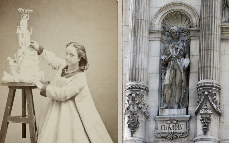Hélène Bertaux et sa statue de Jean Siméon Chardin (Hélène Bertaux 1864 par Étienne Carjat - BNF Gallica / Hotel de Ville par Henri Garat) Hélène Bertaux et sa statue de Jean Siméon Chardin