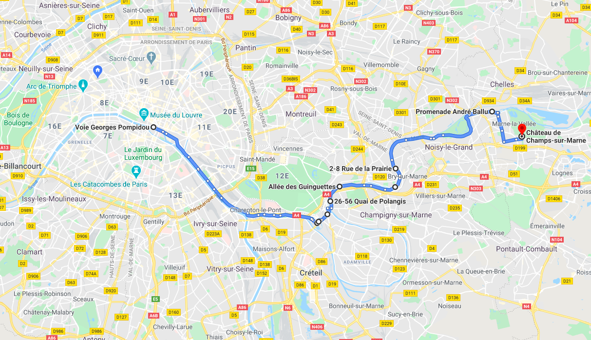 De Paris aux guinguettes de la Marne (Capture d'écran Google Maps) De Paris aux guinguettes de la Marne