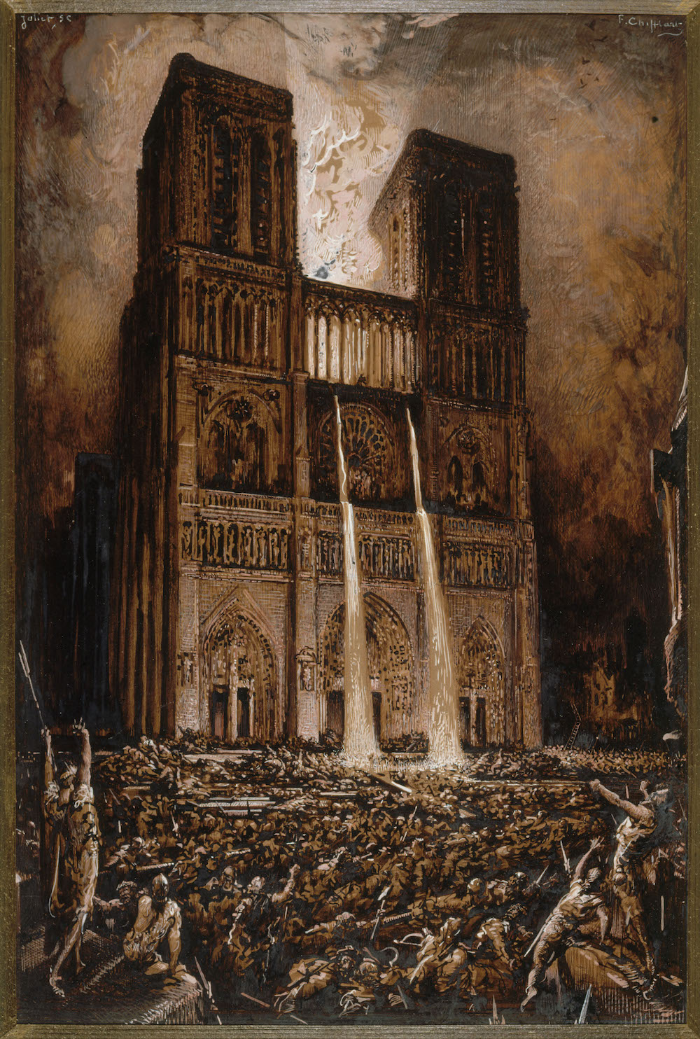 Francois-Nicolas Chifflart (1825-1901), Attaque de Notre-Dame, vers 1876-1877 Encre et gouache sur papier (© Maisons de Victor Hugo / Roger-Viollet) Francois-Nicolas Chifflart (1825-1901), Attaque de Notre-Dame, vers 1876-1877 Encre et gouache sur papier