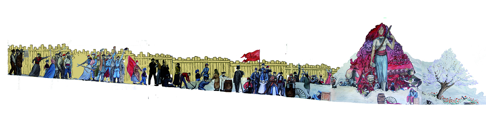 Projet de la fresque de Belleville (© « Qmrk (La dernière barricade) », 2021) Projet de la fresque de Belleville