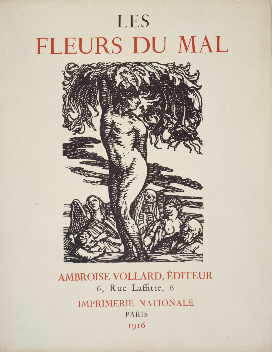 Page de couverture du livre "Les Fleurs du Mal" (volume I) par Charles Baudelaire, Ambroise Vollard éditeur, 6 rue Laffitte, Imprimerie Nationale, Paris, 1916. Musée des Beaux-Arts de la Ville de Paris, Petit Palais. (©Petit Palais / Roger-Viollet) Page de couverture du livre "Les Fleurs du Mal" (volume I) par Charles Baudelaire, Ambroise Vollard éditeur, 6 rue Laffitte, Imprimerie Nationale, Paris, 1916. Musée des Beaux-Arts de la Ville de Paris, Petit Palais.