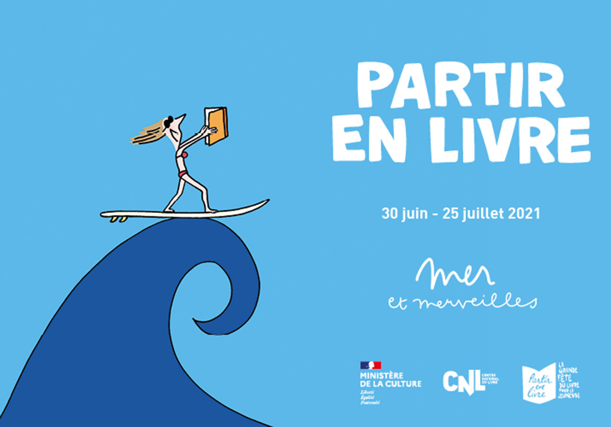 femme surfant sur une vague en lisant. affiche du festival partir en livre (partir en livre) femme surfant sur une vague en lisant. affiche du festival partir en livre