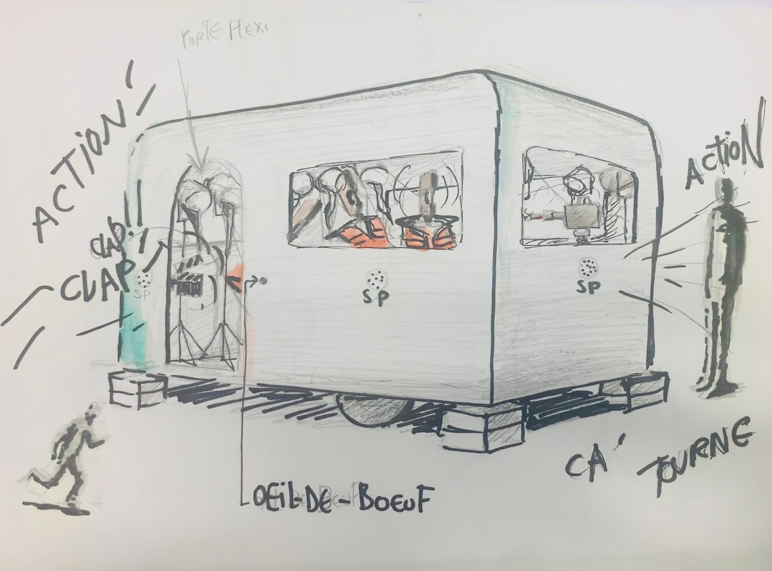 Dessin préparatoire, la caravane folle, Malachi Farrell, oeuvre mobile dans l'espce public, 2021 (©Malachi Farrell) Dessin préparatoire, la caravane folle, Malachi Farrell, oeuvre mobile dans l'espce public, 2021