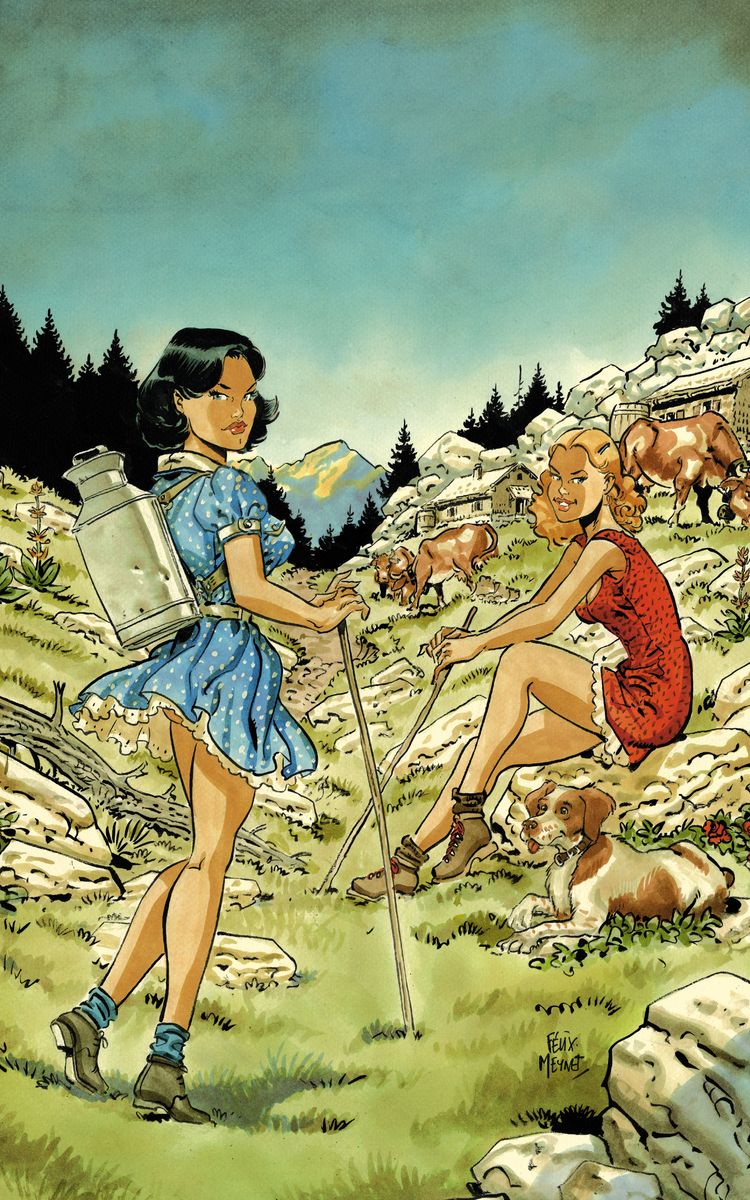 Illustration de deux femmes dans une vallée de montagne entourées de vaches