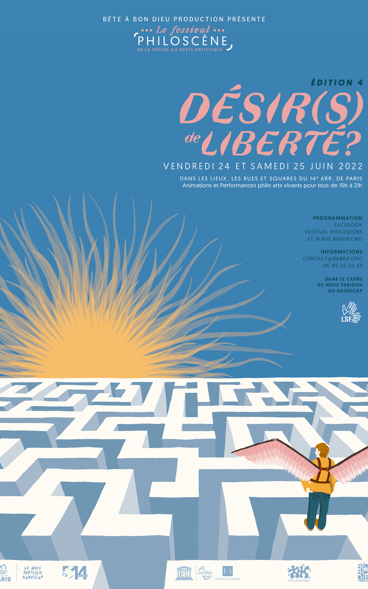 Icare de dos sur un des murs d'un labyrinthe regardant le soleil se lever