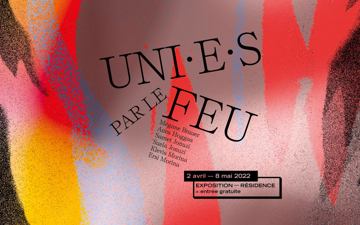 Brasier representé de manière graphique avec texte informatif sur le nom, les participants et les dates de l'exposition-résidence