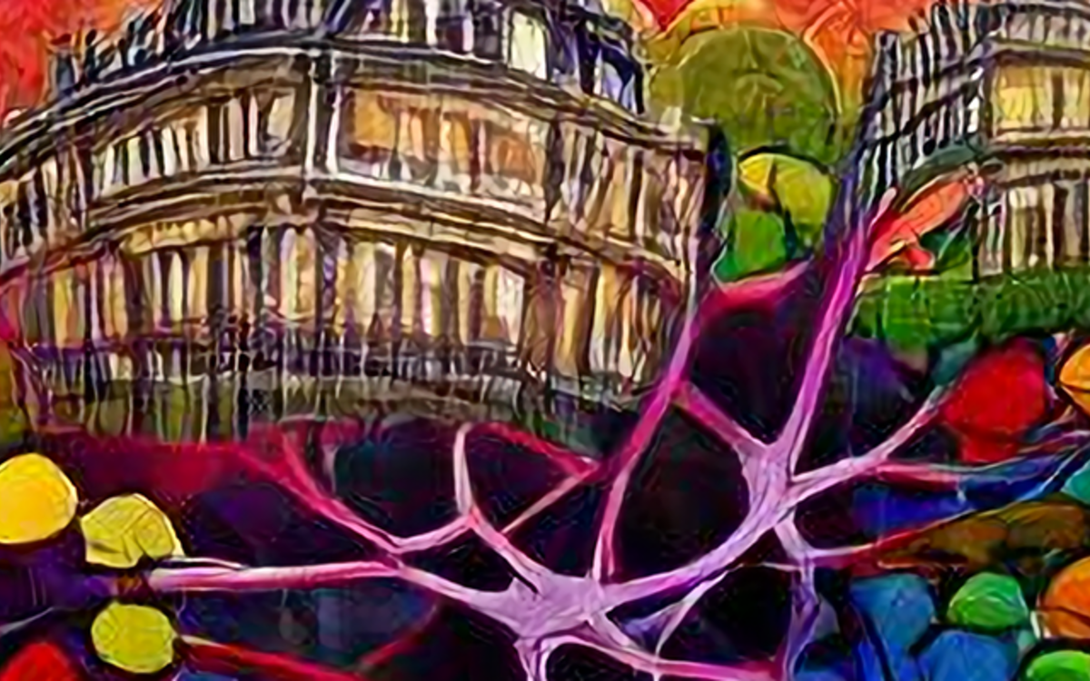 Visuel de l'évènement Building AI for Humanity. Image réalisée par une intelligence artificielle. On y voit une composition colorée de neurones mêlés à des éléments architecturaux.