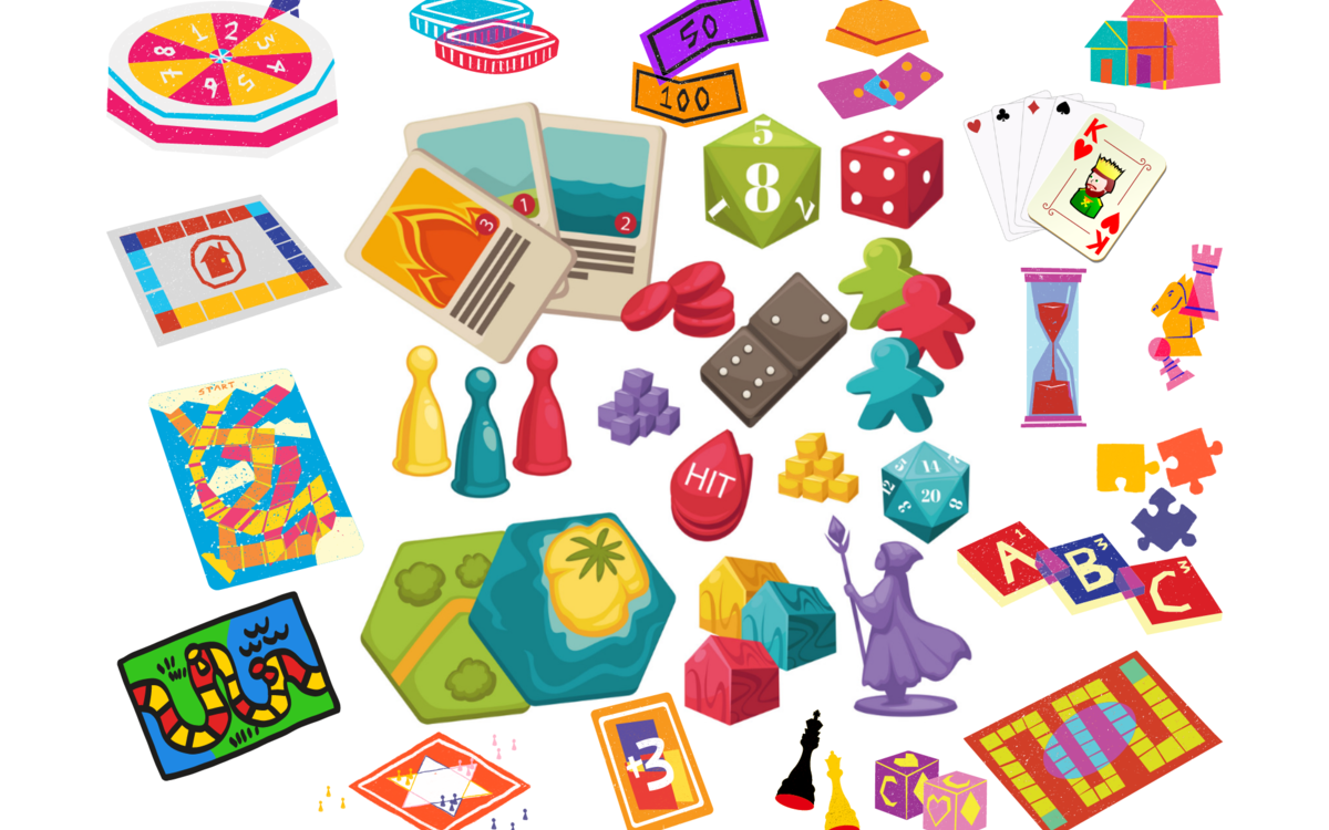 Une sélection de jeux de sociétés : jeux de cartes, dés, jeux de plateau...