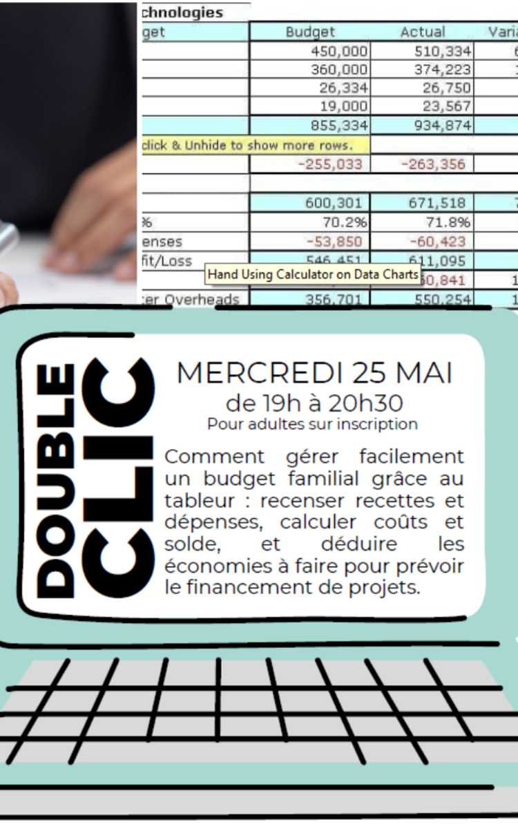Un ordinateur affichant Double Clic, la date et la présentation de l'animation devant la photo d'une page de tableur 