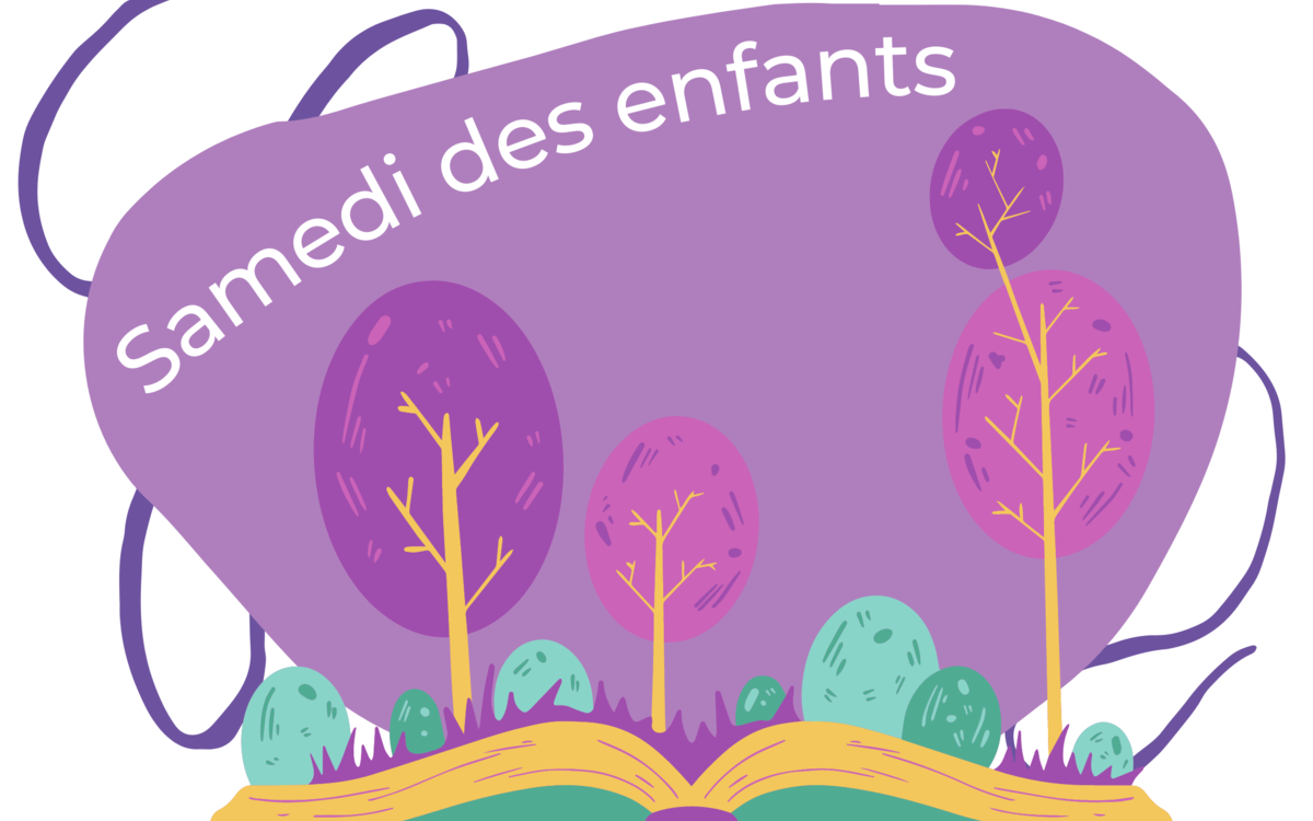 Logo médiathèque. Livre ouvert sur un paysage arboré. Bulle d ecouleur indiquant l'intitulé de l'animation