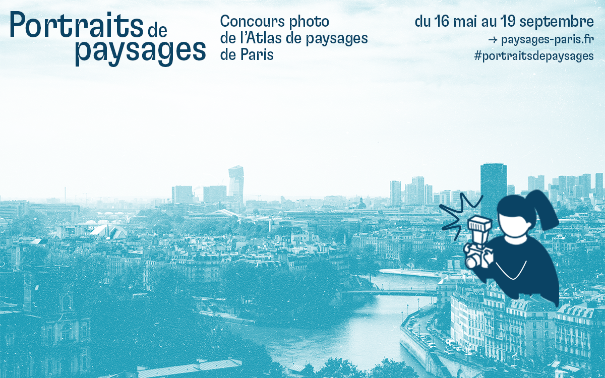 Paysage de Paris vu depuis la Tour Saint-Jacques colorisé en bleu et illustration d'un personnage photographiant le paysage.