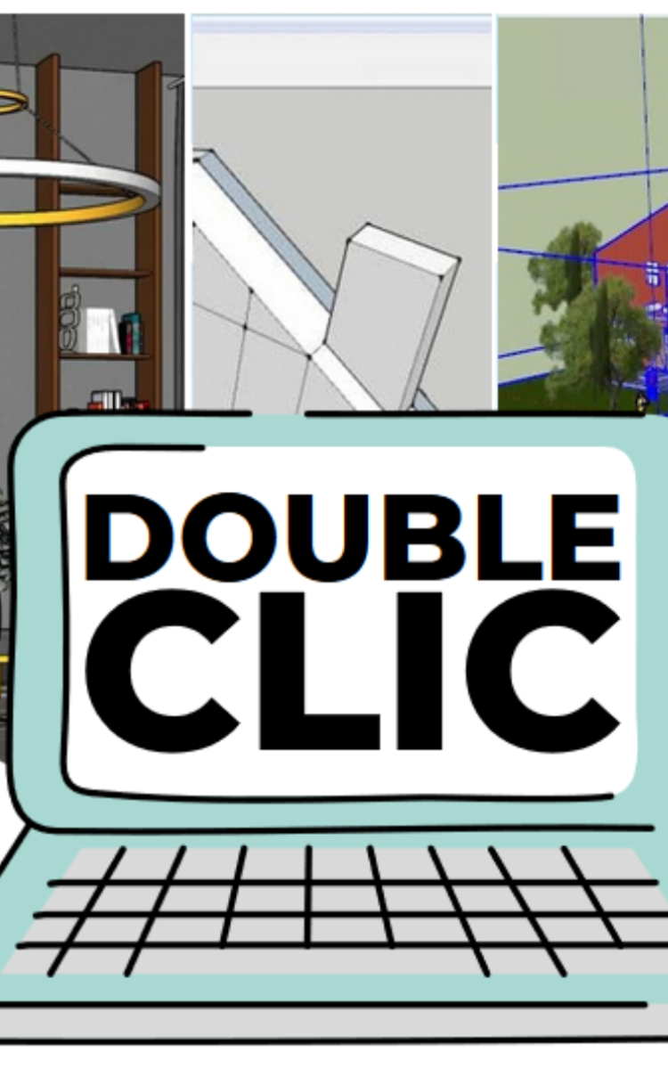 Ordinateur dont l'écran indique Double Clic face à un montage d'images du logiciel SketchUp