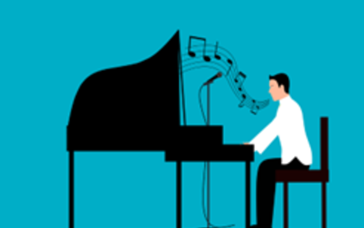 Sur fond bleu, une silhouette jouant du piano à queue 