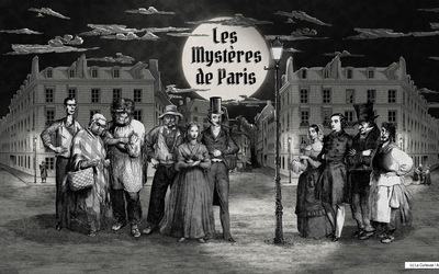 Personnages en costumes d'époque éclairés par un réverbère dans un quartier de Paris en noir et blanc