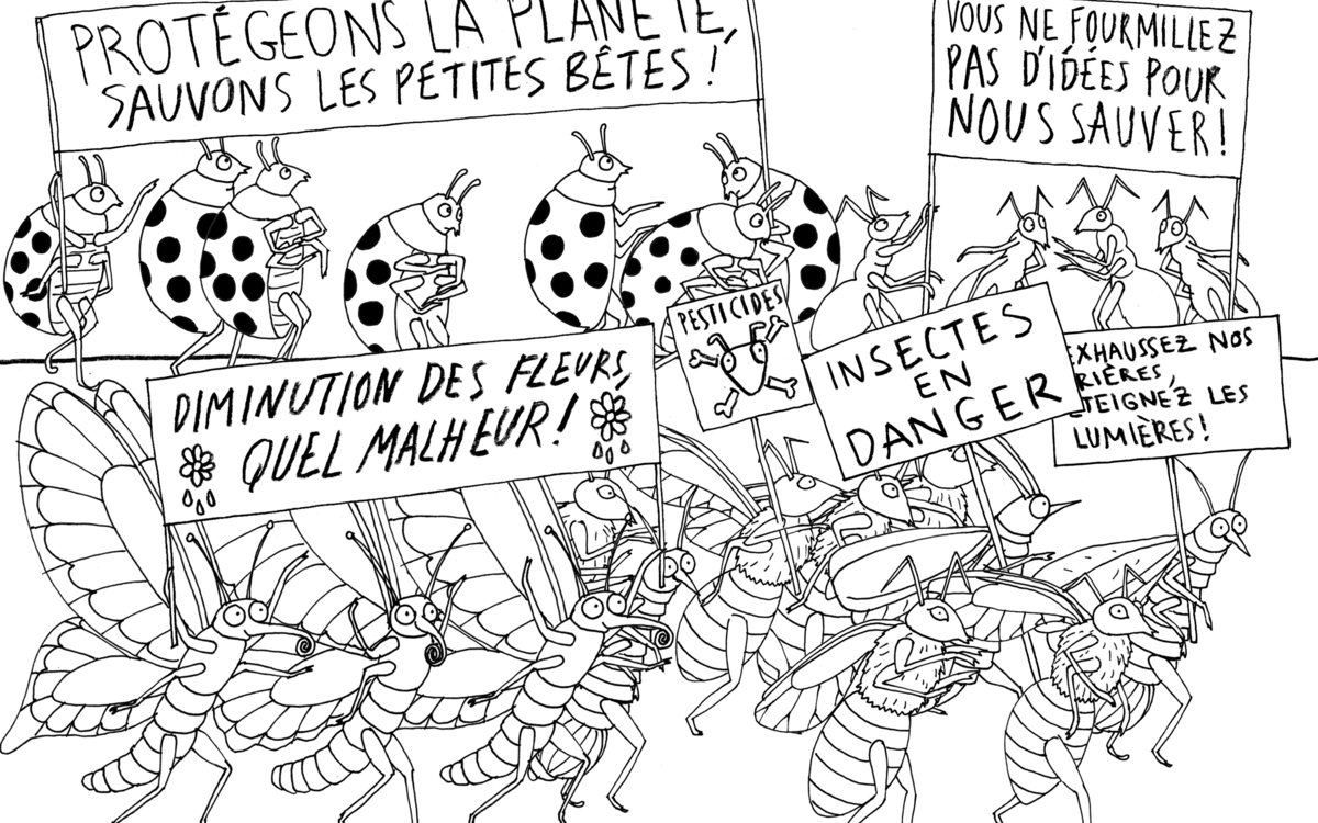 Toute sorte d'insectes marchent ensemble en tenant des panneaux à slogan