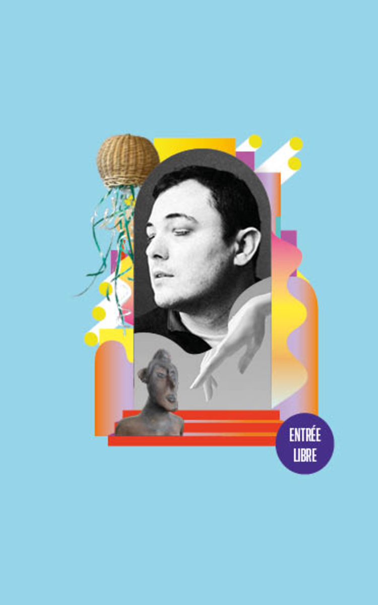 A gauche de l’affiche, sur des éléments abstraits colorés, portrait photo en noir et blanc d’un homme regardant sur sa droite les yeux fermés. En haut à gauche de cette photo, oeuvre de vannerie à la forme d’une méduse. En dessous de cette photo, photo d’une main en noir et blanc également. Cette main pointe la sculpture d’un buste de femme posée sur un podium trois étages. Texte en bas à droite de cette composition sur un cercle violet avec le texte suivant au centre : « Entrée libre ». A droite de cette composition d’images : « Accès sens, exposition multisensorielle, mercredi 8 au samedi 18 juin 2022 » Texte tout en bas de l’affiche : « Mairie annexe du 14ème arrondissement, 12 rue pierre Castagnou, 75014 Paris. De 10h00 à 17h00 ».