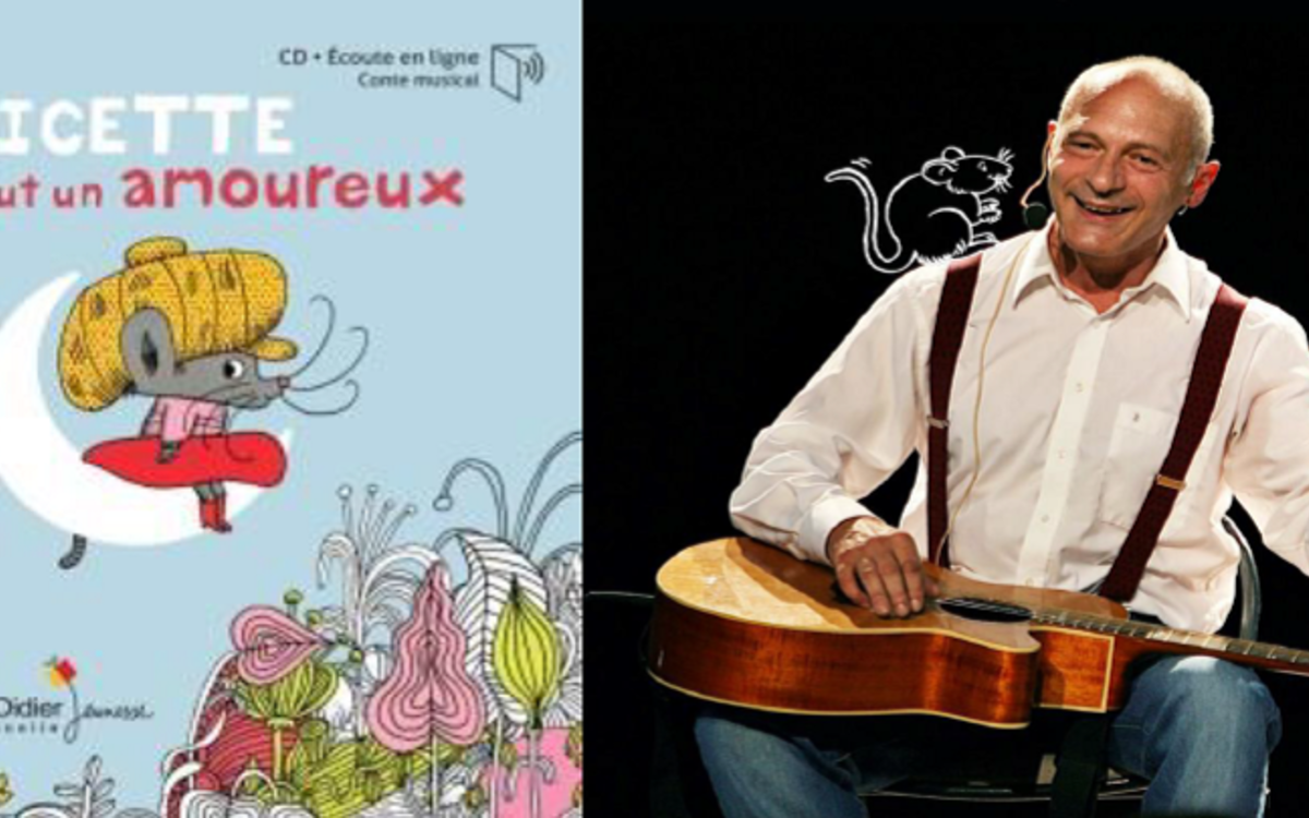 Montage avec la couverture du livre-CD "Souricette veut un amoureux" et une photographie du conteur François Vincent
