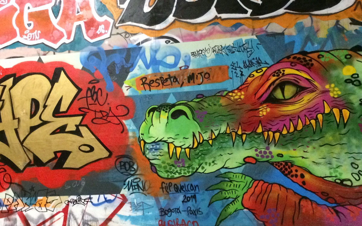 Photo d'un mur recouvert de peintures urbaines (dessins d'animaux, tags...)