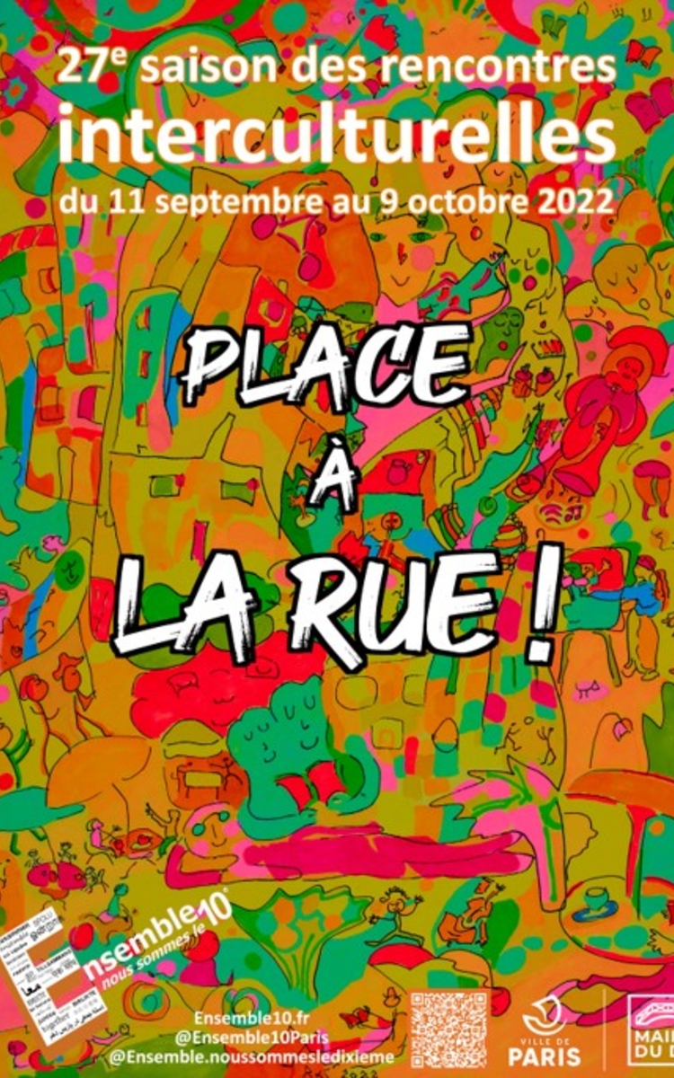 Ville colorée avec immeubles et personnages. Festival : place à la rue !