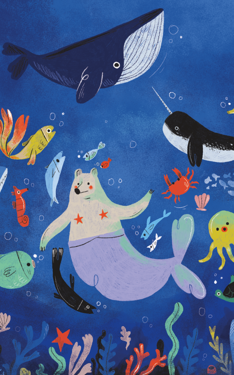 Illustration avec Gertrude, l'ours de Rilke, en sirène, nageant avec les poissons dans l'océan.