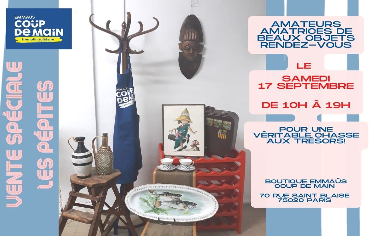Le 17 septembre, Les pépites d'Emmaüs Coup de main sont à Saint Blaise. Une véritable chasse aux trésors! Une sélection d'objets aussi bien précieux que décalés, étonnants ou recherchés sera en vente pour une journée seulement. De beaux livres, de belles images, des sculptures, du mobilier, de la vaisselle et du linge de maison, des luminaires et plein de surprises encore... Du kitch, du design, du vintage, de l'éthnique, du roccoco mais que du beau et toujours de la seconde main !