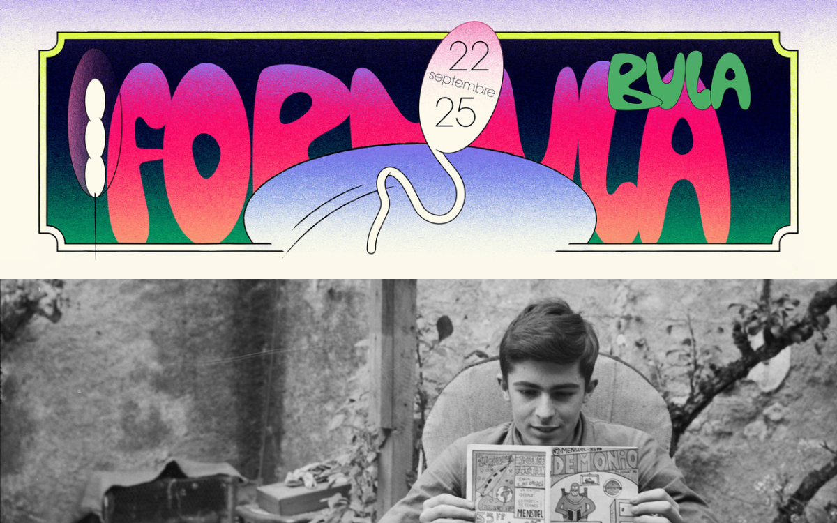 Bulle de couleur bleue indiquant les dates du festival : du 22 au 25 septembre. Intitulé du festival Formula Bulma de couleur rose et verte en arrière plan